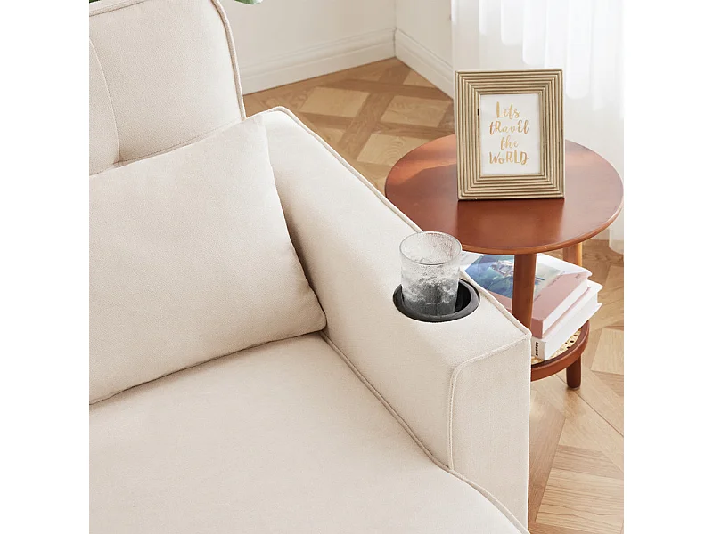 Canapé d'angle convertible avec 2 Coffres, Oreiller, Porte-gobelets - en Coton et Lin - 270×130×86cm - Beige