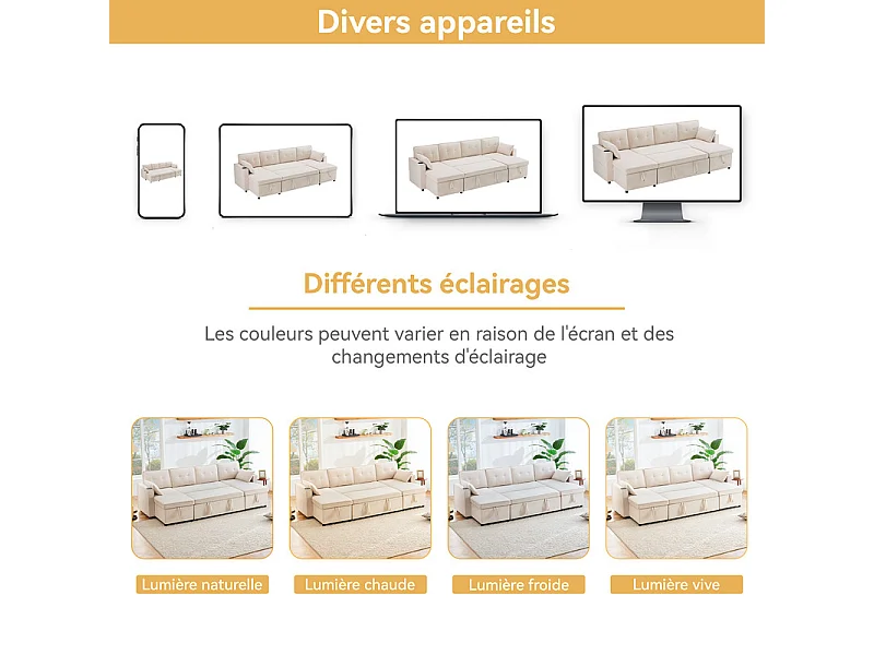 Canapé d'angle convertible avec 2 Coffres, Oreiller, Porte-gobelets - en Coton et Lin - 270×130×86cm - Beige
