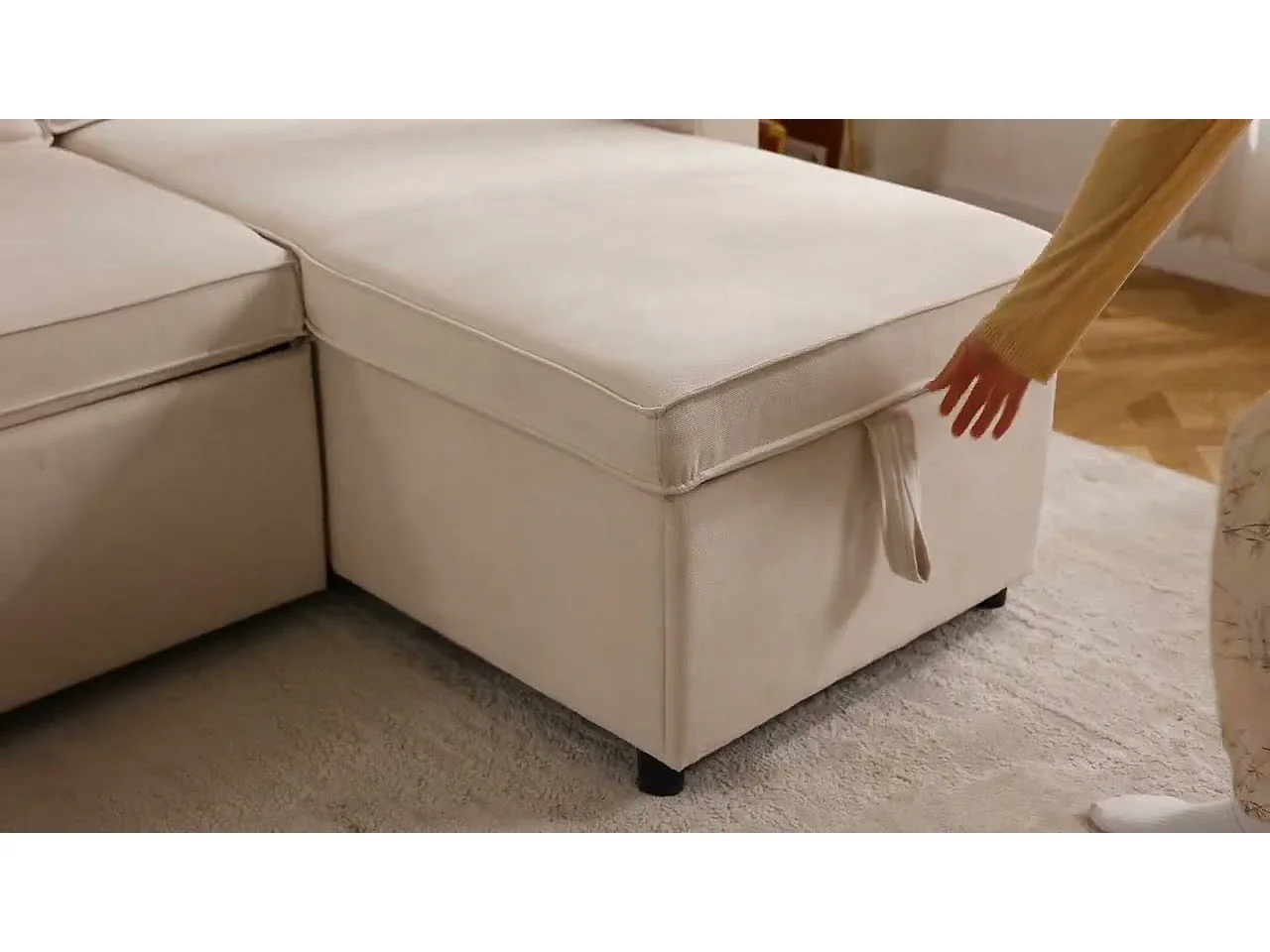 Canapé d'angle convertible avec 2 Coffres, Oreiller, Porte-gobelets - en Coton et Lin - 270×130×86cm - Beige