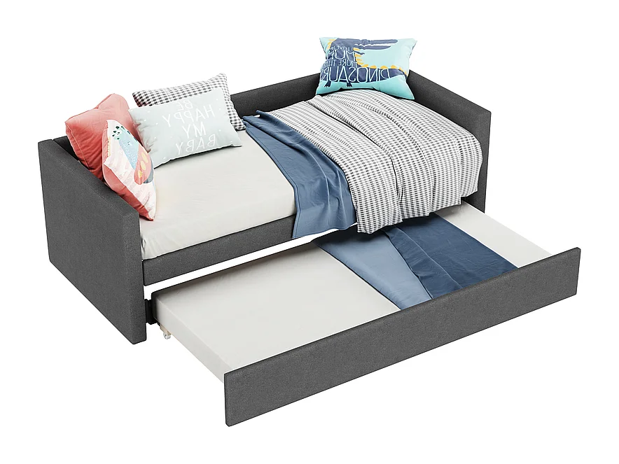 Lit gigogne 2x90x200cm en Lin gris - lit simple - avec pieds en métal pliables