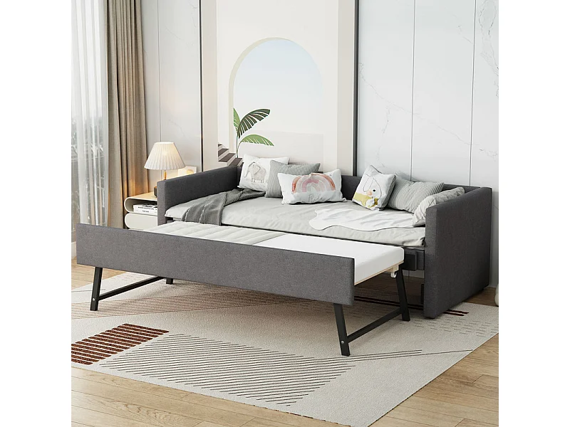 Lit gigogne 2x90x200cm en Lin gris - lit simple - avec pieds en métal pliables