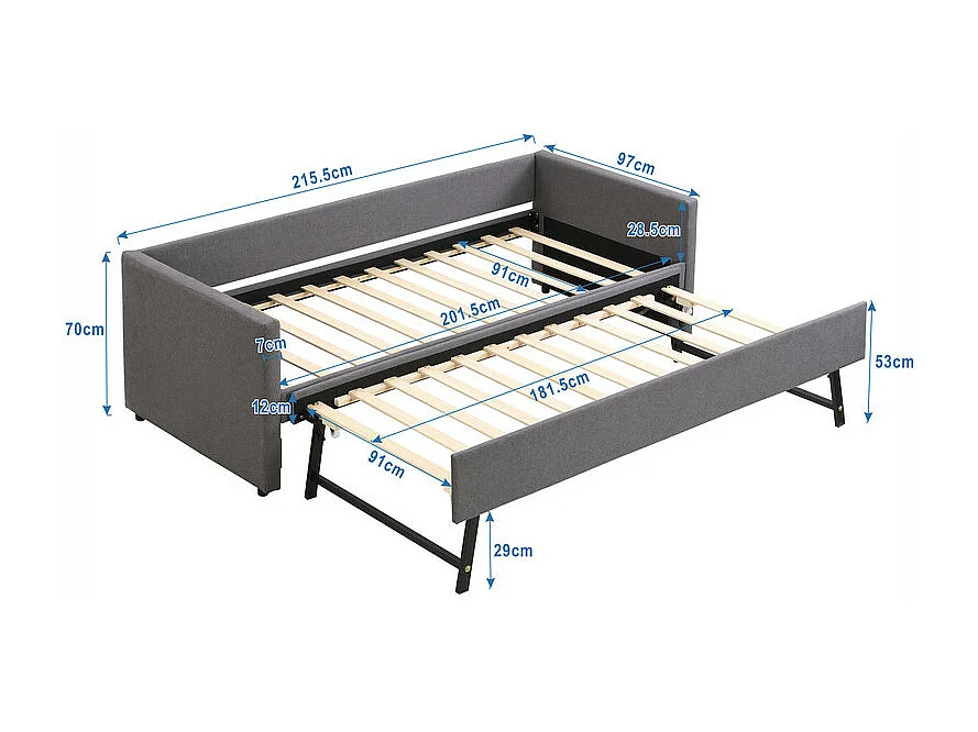 Lit gigogne 2x90x200cm en Lin gris - lit simple - avec pieds en métal pliables