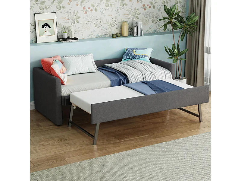 Lit gigogne 2x90x200cm en Lin gris - lit simple - avec pieds en métal pliables