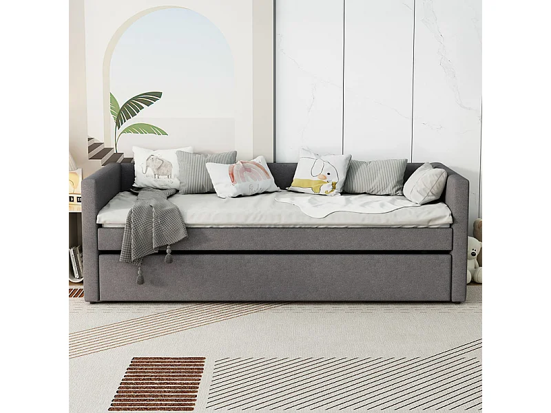 Lit gigogne 2x90x200cm en Lin gris - lit simple - avec pieds en métal pliables