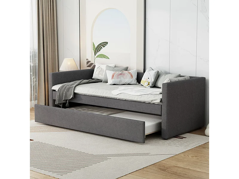 Lit gigogne 2x90x200cm en Lin gris - lit simple - avec pieds en métal pliables