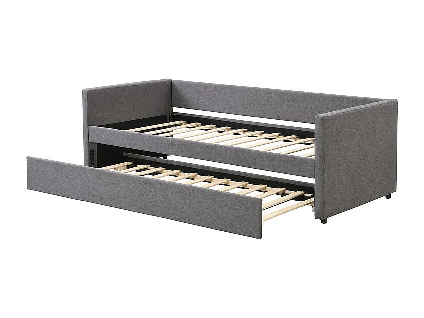 Lit gigogne 2x90x200cm en Lin gris - lit simple - avec pieds en métal pliables