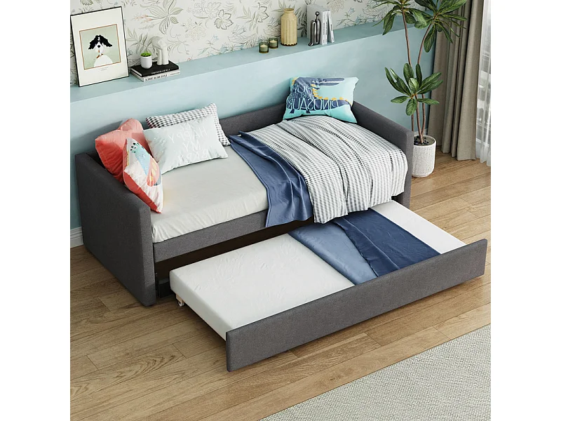 Lit gigogne 2x90x200cm en Lin gris - lit simple - avec pieds en métal pliables