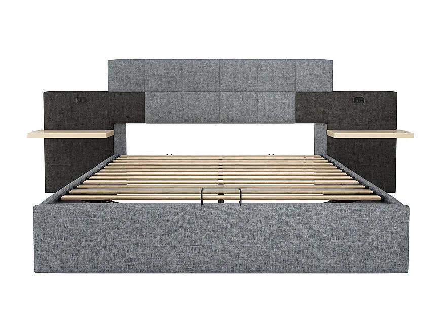Lit coffre avec chevets 180 x 200 cm - chargement USB - tissu de lin - lit hydraulique - Gris et Noir