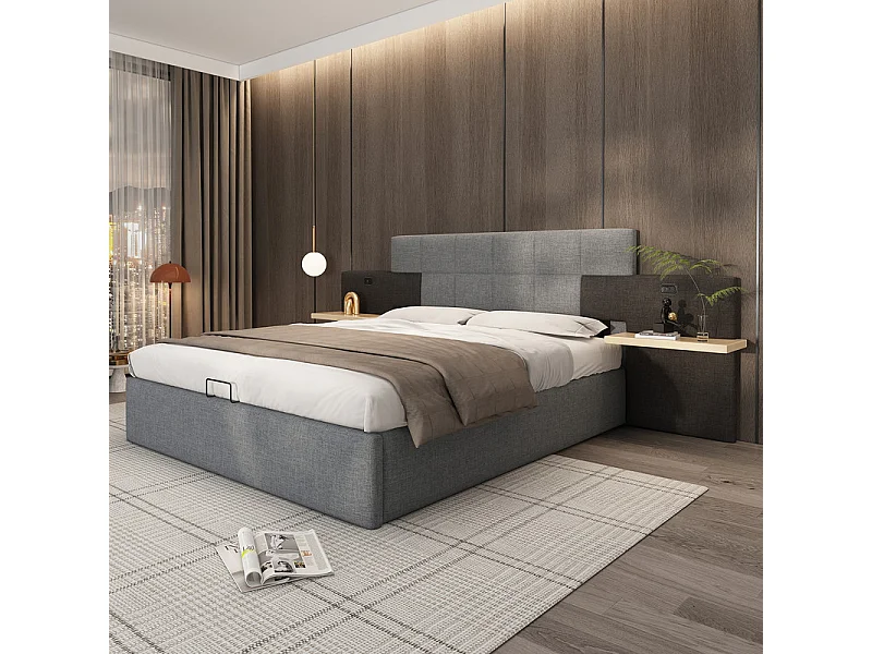 Lit coffre avec chevets 180 x 200 cm - chargement USB - tissu de lin - lit hydraulique - Gris et Noir