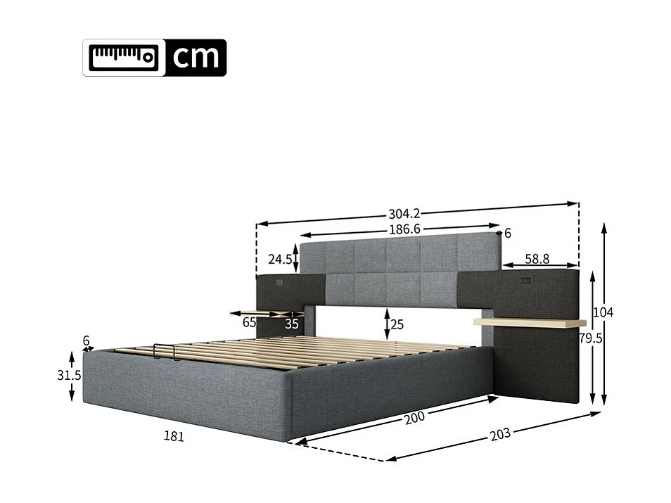Lit coffre avec chevets 180 x 200 cm - chargement USB - tissu de lin - lit hydraulique - Gris et Noir