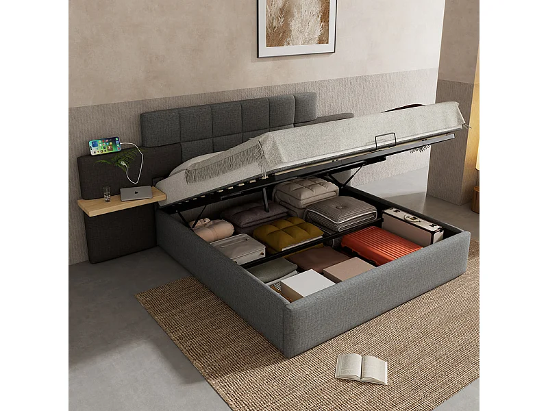 Lit coffre avec chevets 180 x 200 cm - chargement USB - tissu de lin - lit hydraulique - Gris et Noir