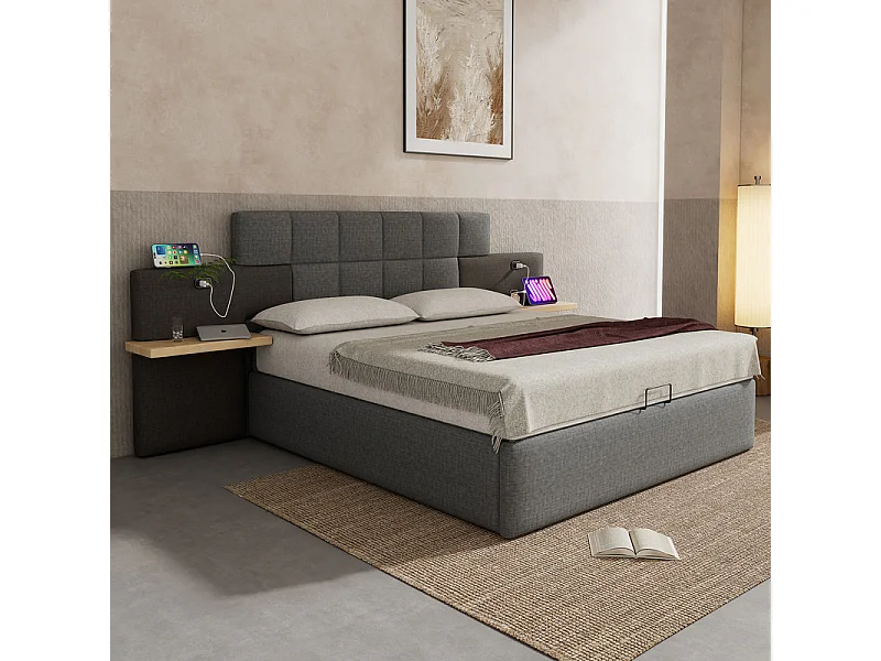 Lit coffre avec chevets 180 x 200 cm - chargement USB - tissu de lin - lit hydraulique - Gris et Noir