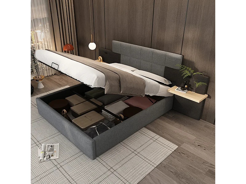 Lit coffre avec chevets 180 x 200 cm - chargement USB - tissu de lin - lit hydraulique - Gris et Noir