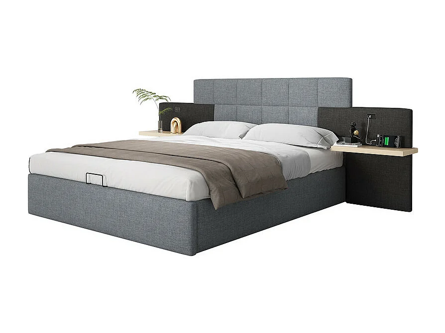 Lit coffre avec chevets 180 x 200 cm - chargement USB - tissu de lin - lit hydraulique - Gris et Noir