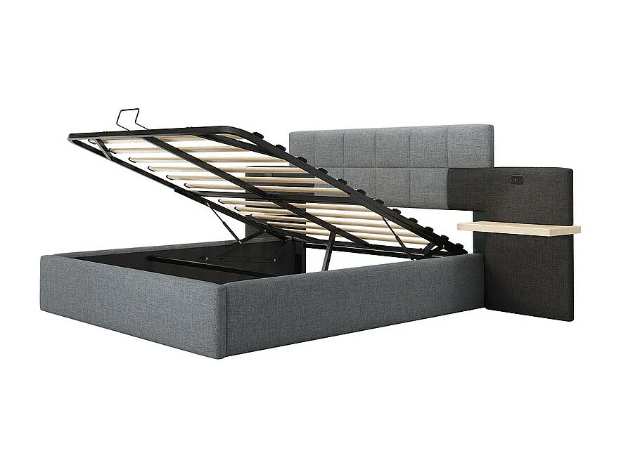 Lit coffre avec chevets 180 x 200 cm - chargement USB - tissu de lin - lit hydraulique - Gris et Noir