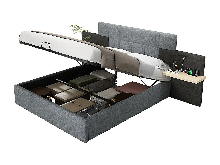 Lit coffre avec chevets 180 x 200 cm - chargement USB - tissu de lin - lit hydraulique - Gris et Noir