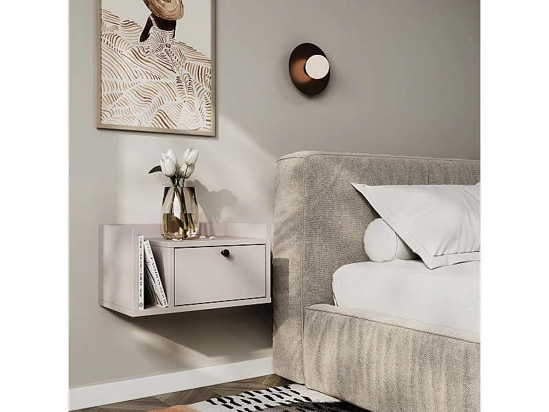 Nachttisch WENA, Wandmontage, mit Schublade und Regal links Aura, 50x27x35 cm, Kaschmir