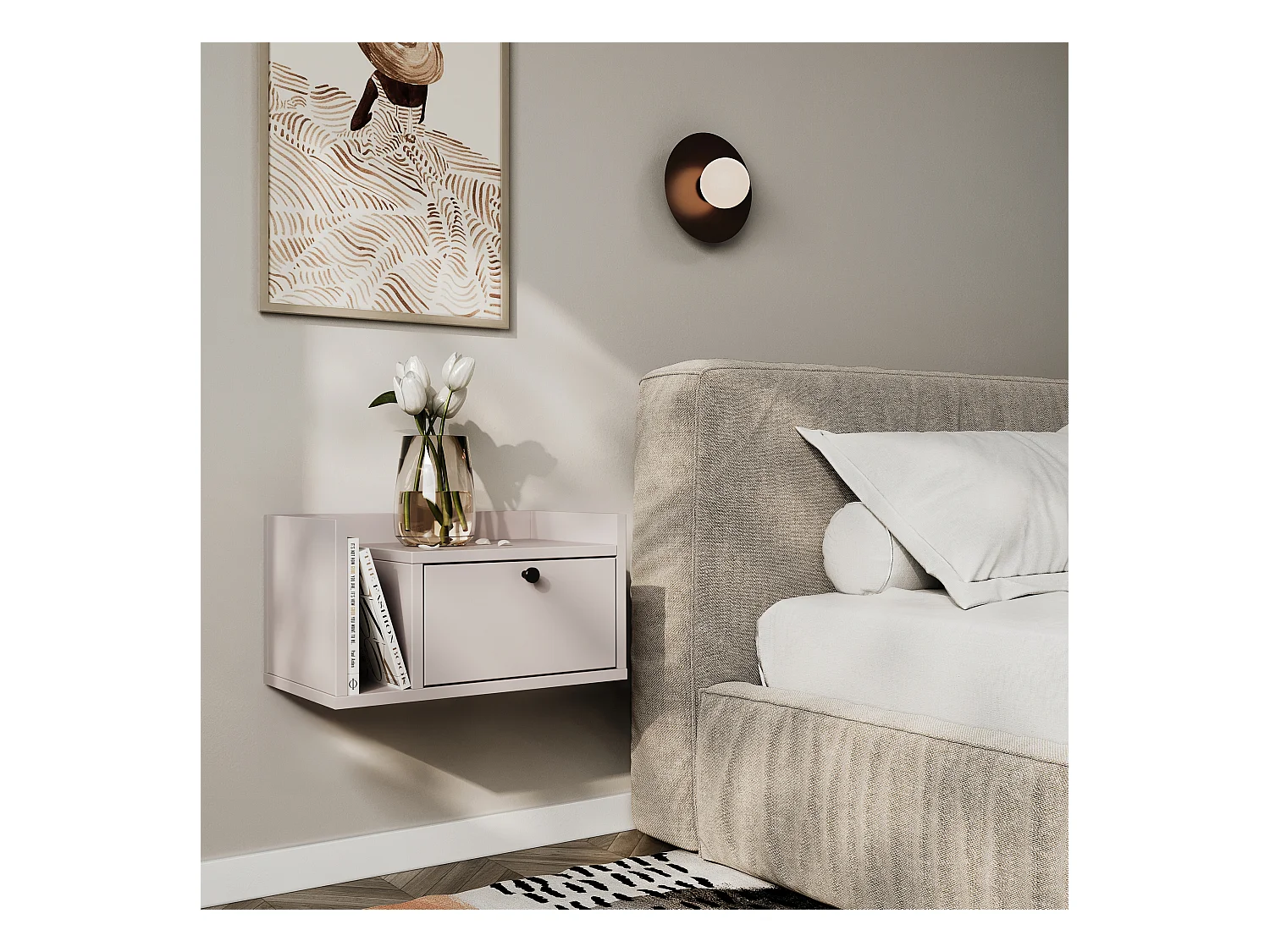 Nachttisch WENA, Wandmontage, mit Schublade und Regal links Aura, 50x27x35 cm, Kaschmir