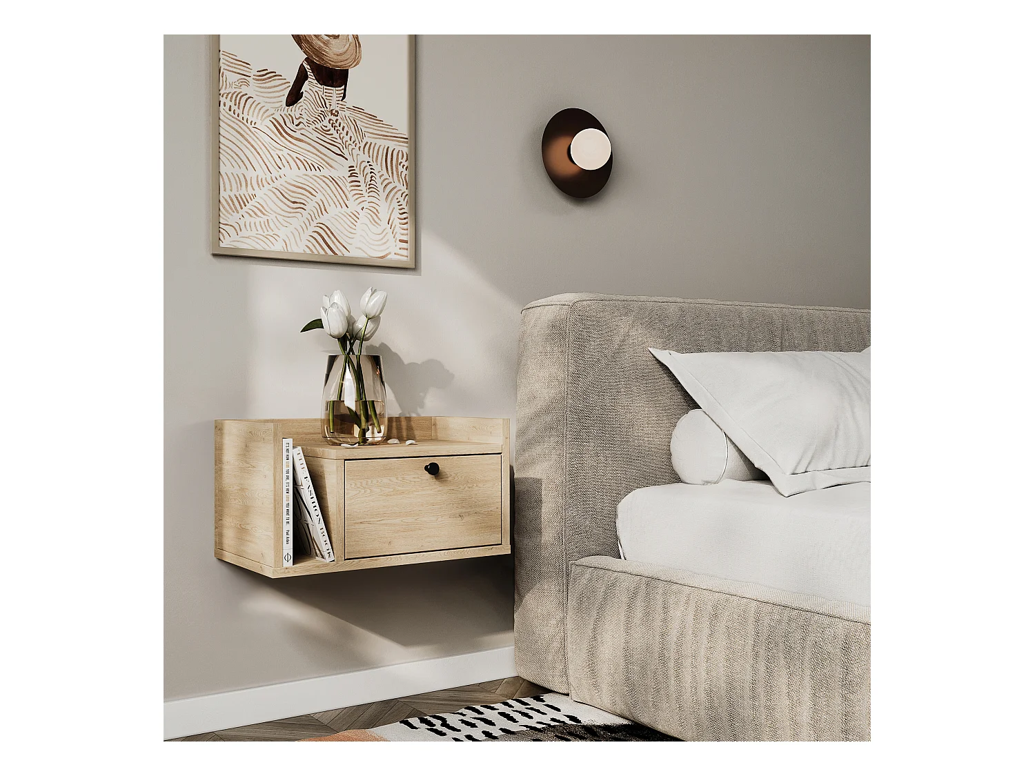 Table de chevet WENA, montage mural, avec tiroir et étagère à gauche Aura, 50x27x35 cm, Chêne de Crémone