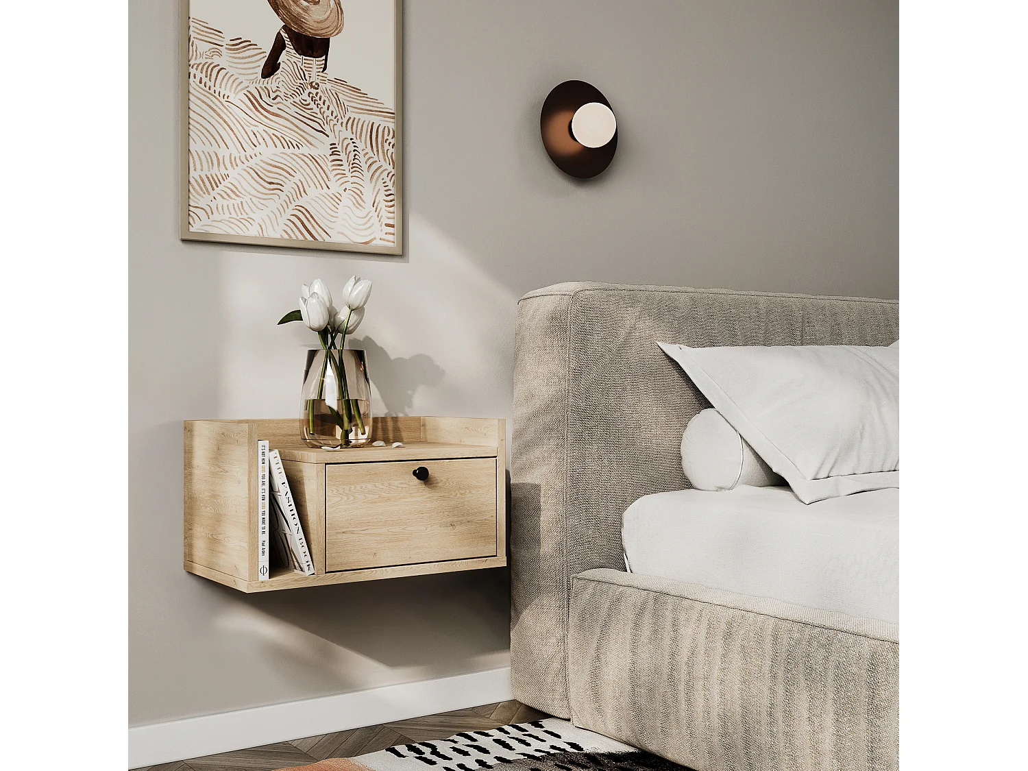 Nachtkastje WENA, wandmontage, met lade en legplank links Aura, 50x27x35 cm, Eik Cremona