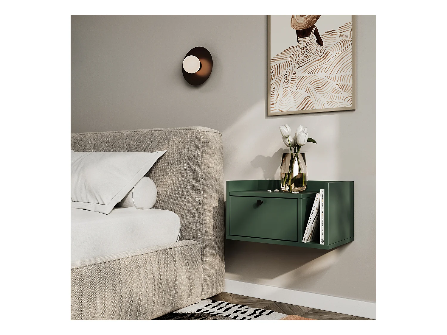 Szafka nocna WENA, wisząca, z szufladą i półką z prawej Aura, 50x27x35 cm, Szałwiowa