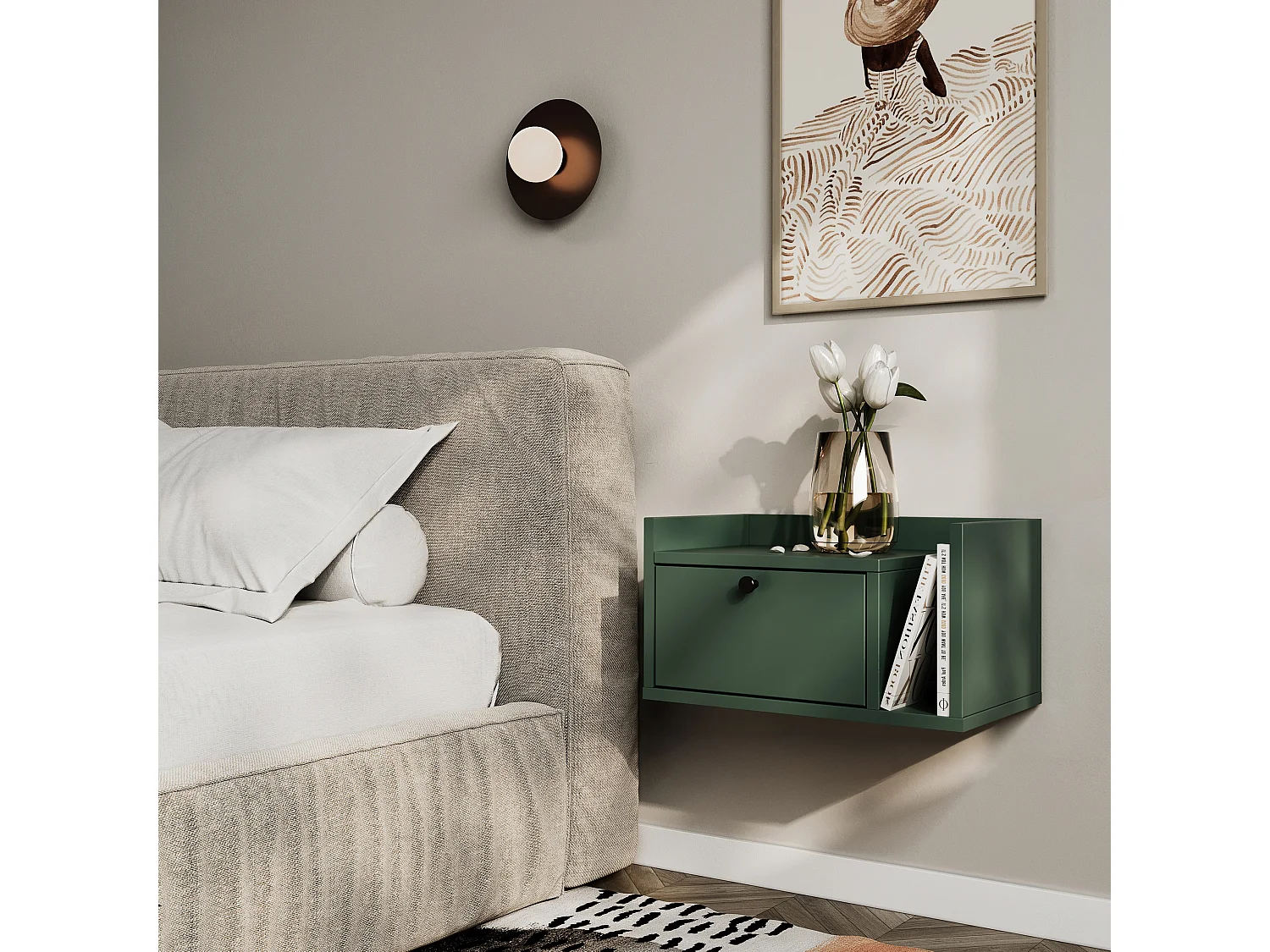 Table de chevet WENA, montage mural, avec tiroir et étagère à droite Aura, 50x27x35 cm, Vert