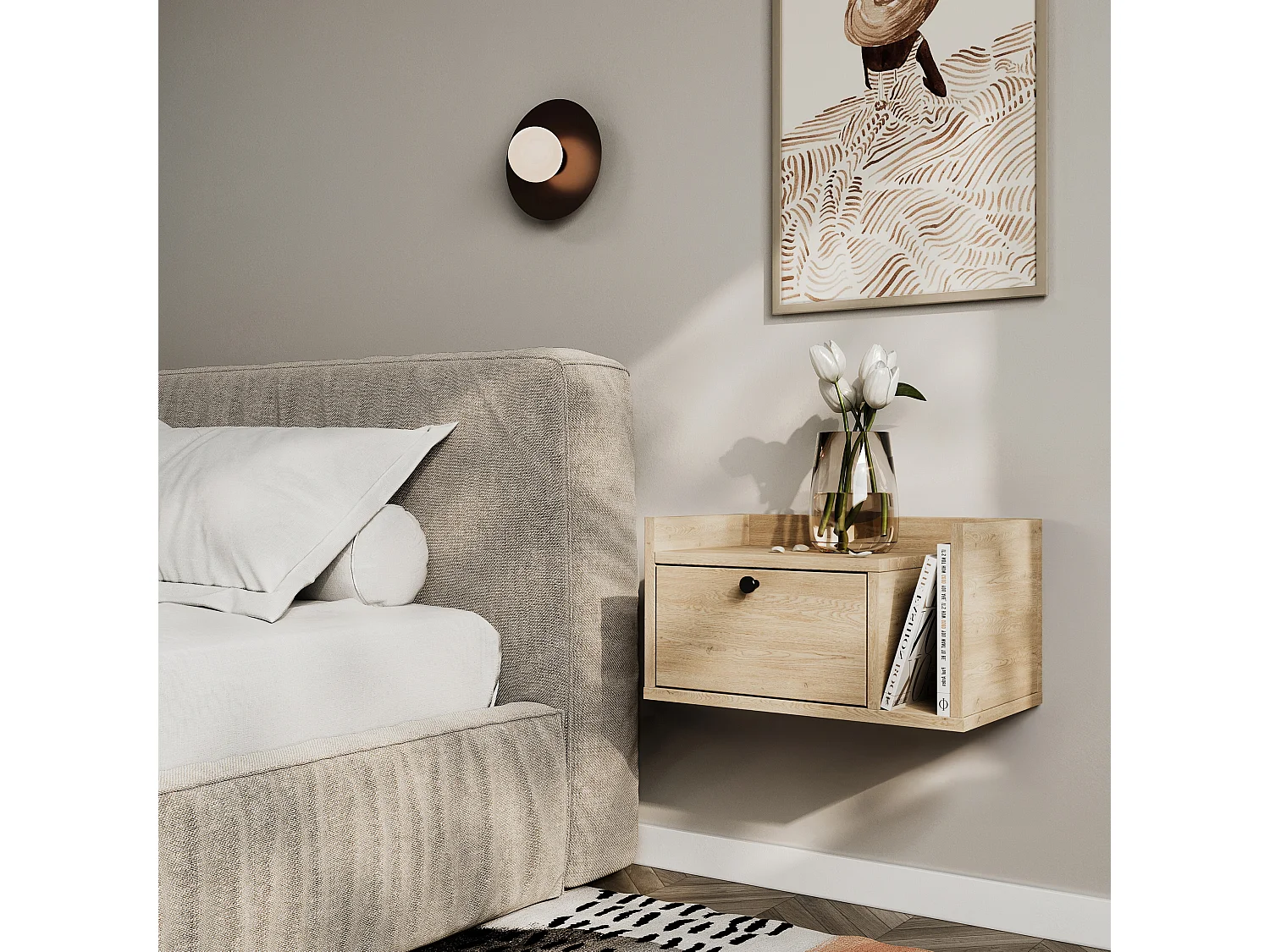 Table de chevet WENA, montage mural, avec tiroir et étagère à droite Aura, 50x27x35 cm, Chêne de Crémone