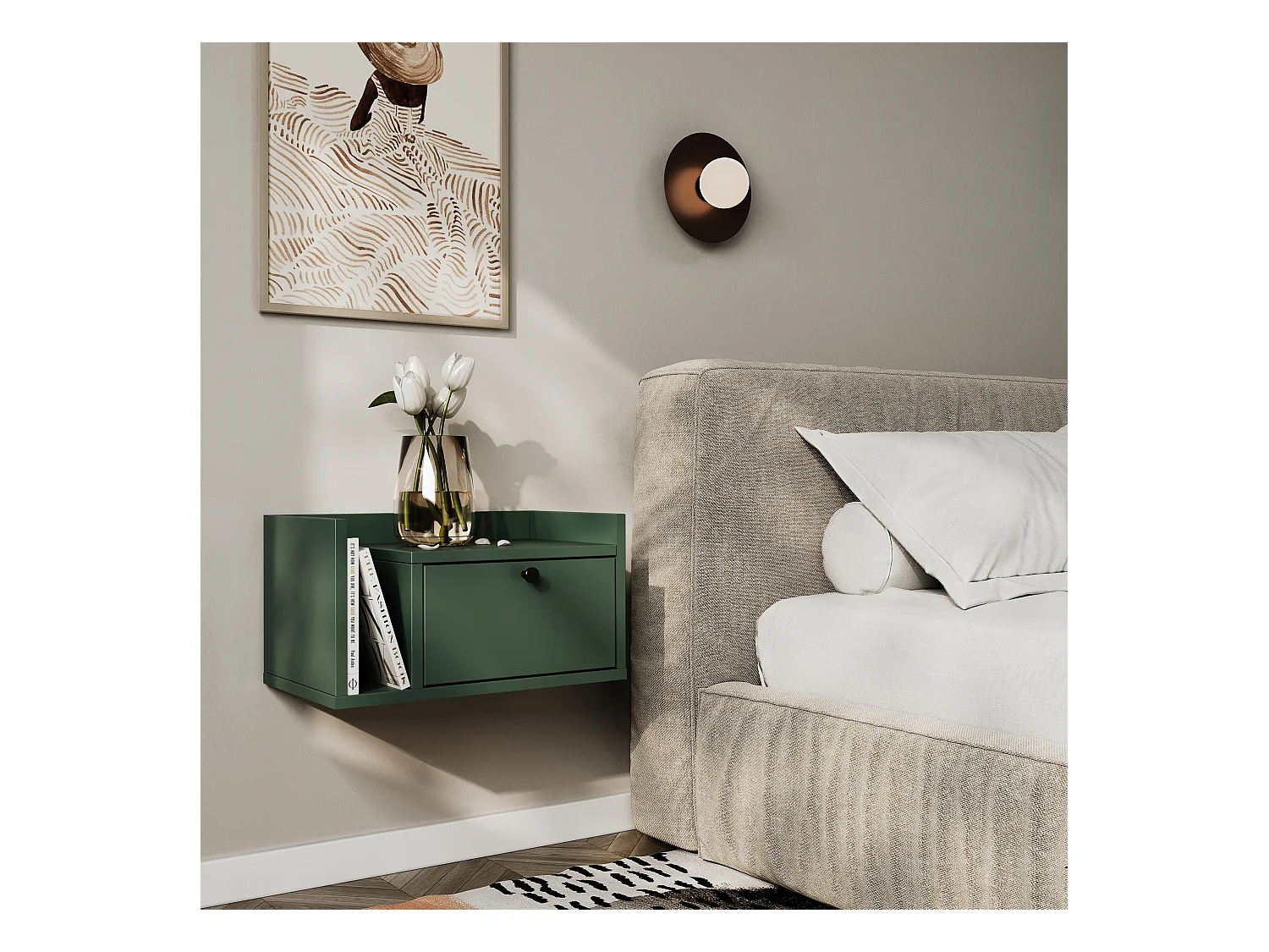 Table de chevet WENA, montage mural, avec tiroir et étagère à gauche Aura, 50x27x35 cm, Vert