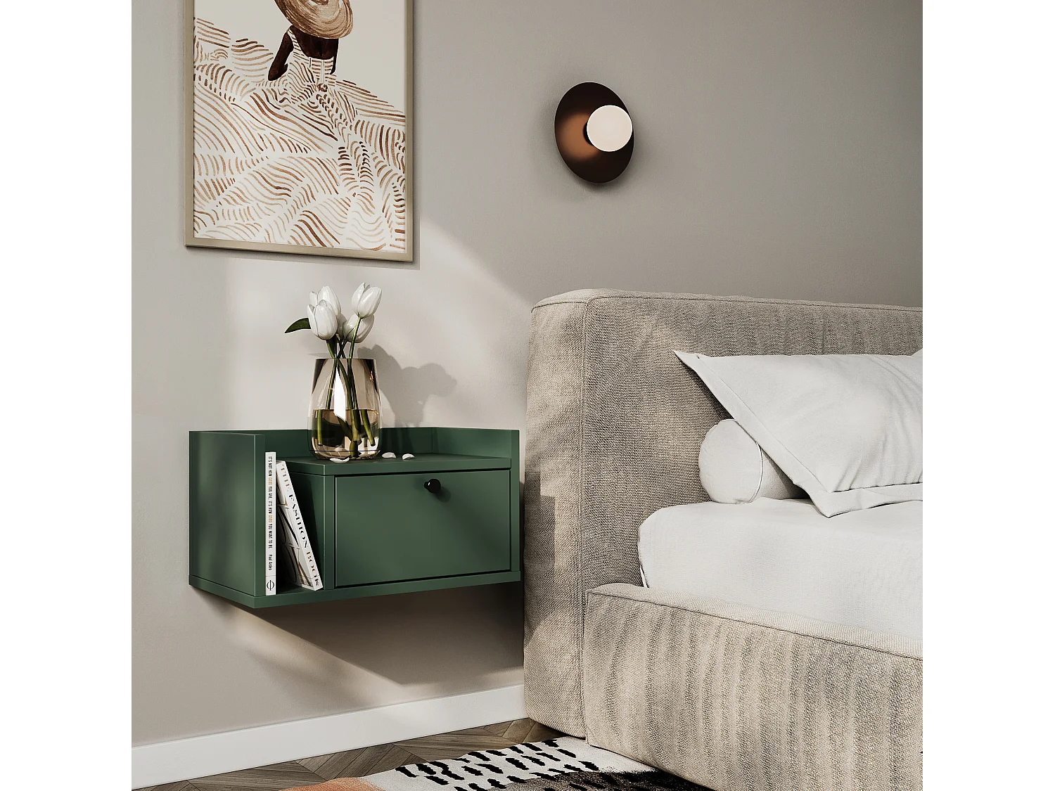 Table de chevet WENA, montage mural, avec tiroir et étagère à gauche Aura, 50x27x35 cm, Vert