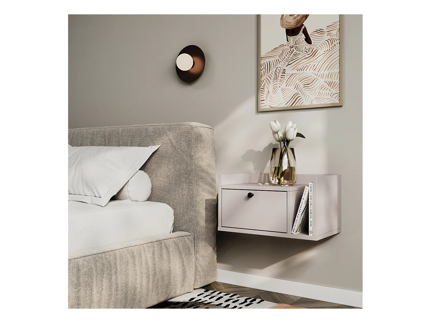 Nachttisch WENA, Wandmontage, mit Schublade und Regal rechts Aura, 50x27x35 cm, Kaschmir