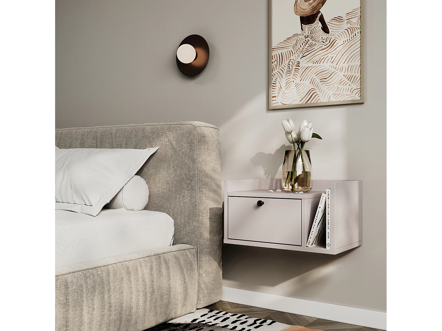 Table de chevet WENA, montage mural, avec tiroir et étagère à droite Aura, 50x27x35 cm, Cachemire