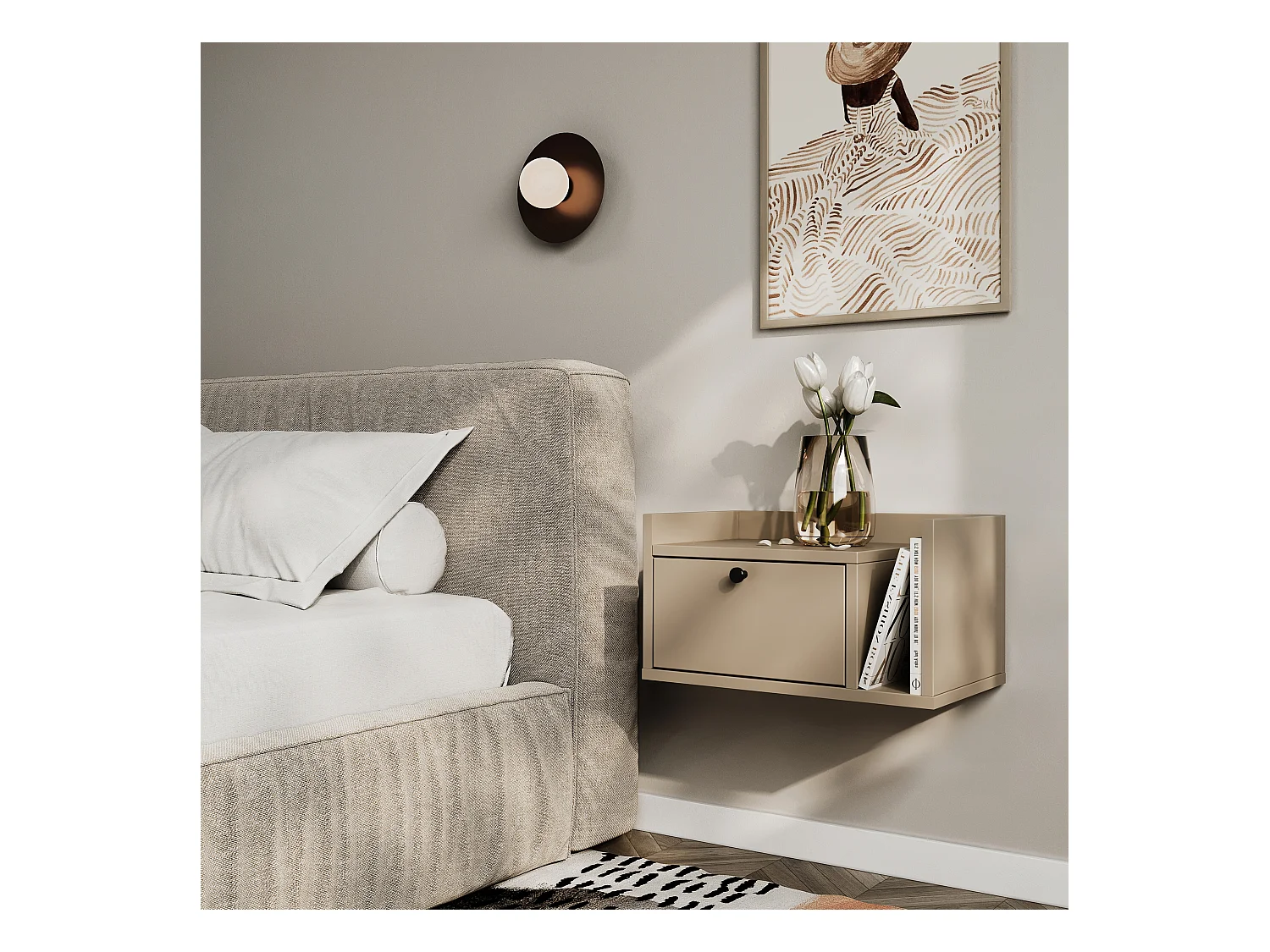 Szafka nocna WENA, wisząca, z szufladą i półką z prawej Aura, 50x27x35 cm, Cappuccino