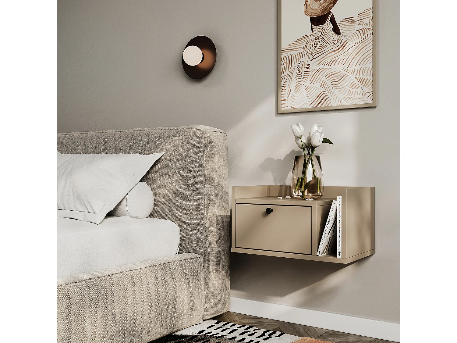 Table de chevet WENA, montage mural, avec tiroir et étagère à droite Aura, 50x27x35 cm, Cappuccino