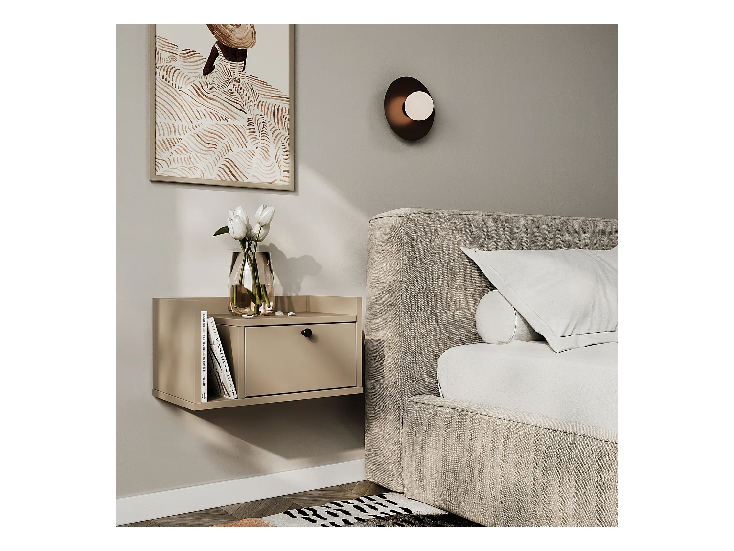 Table de chevet WENA, montage mural, avec tiroir et étagère à gauche Aura, 50x27x35 cm, Cappuccino