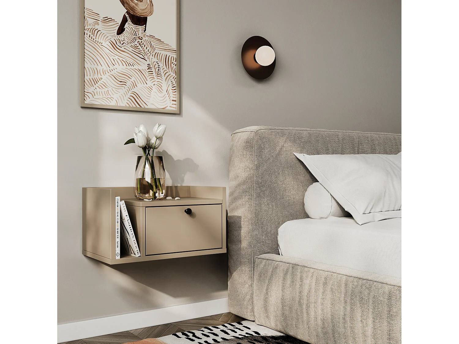 Table de chevet WENA, montage mural, avec tiroir et étagère à gauche Aura, 50x27x35 cm, Cappuccino