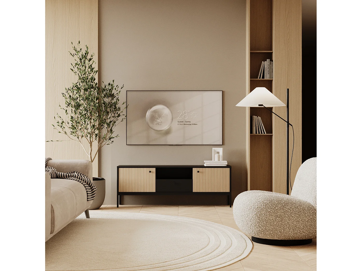 Meuble de télévision WENA, 3 portes, Gaja, 150x53x40 cm, Noir/Chêne Gaja