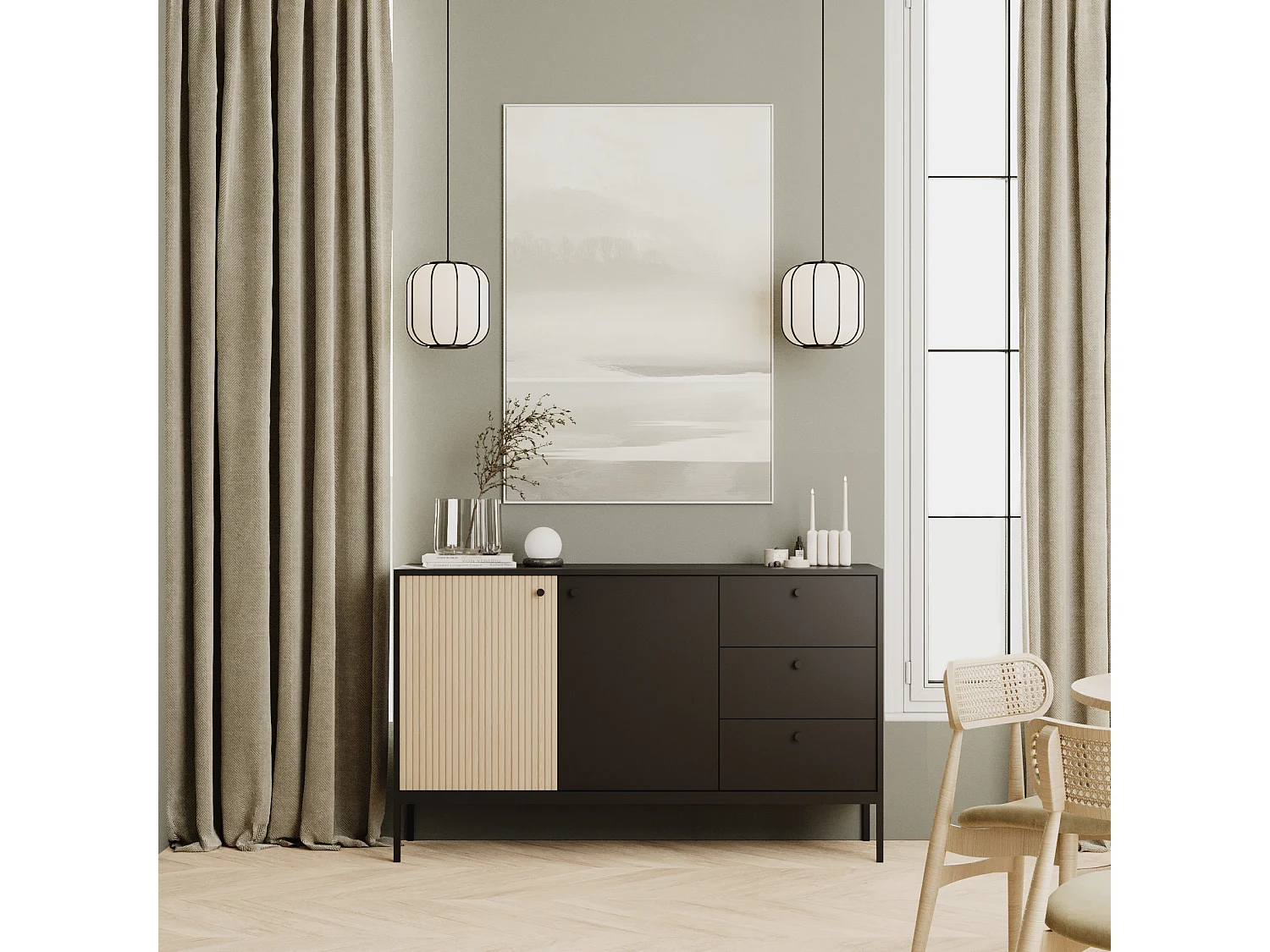 Commode WENA, 3 tiroirs, 2 portes, Gaja, 150x95x40 cm, Noir/Chêne Gaja