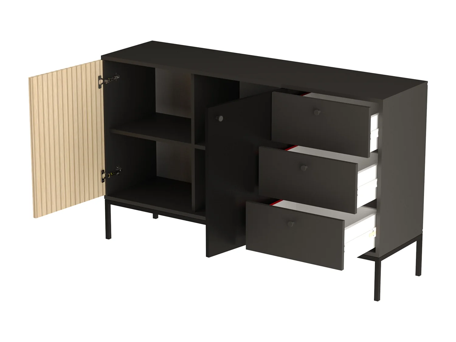 Commode WENA, 3 tiroirs, 2 portes, Gaja, 150x95x40 cm, Noir/Chêne Gaja