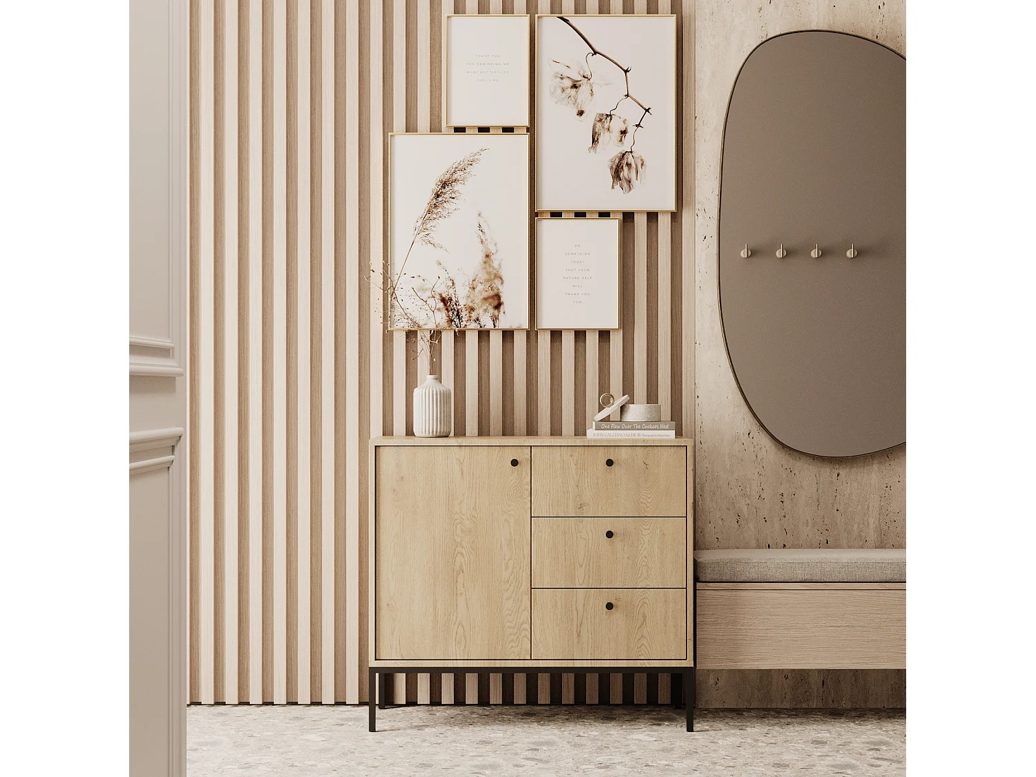 Commode WENA, 1 portes, 3 tiroirs, Gaja, 100x95x40 cm, Chêne de Crémone Gaja