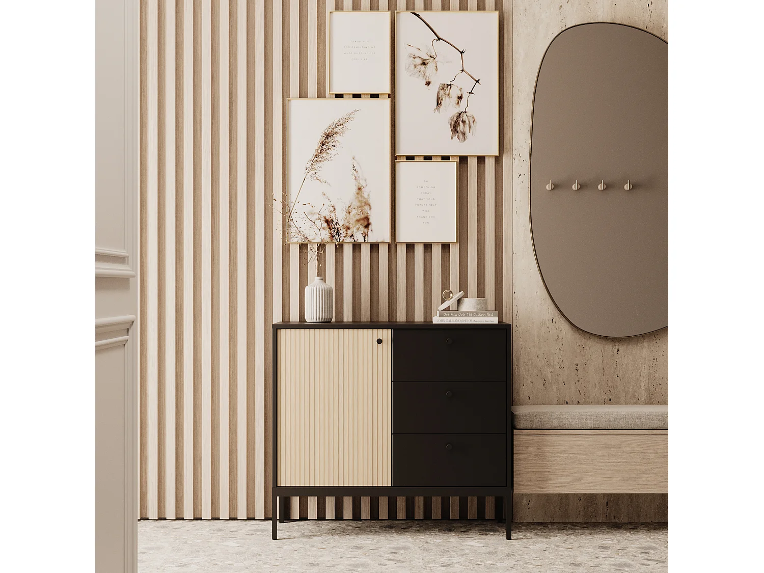 Commode WENA, 1 portes, 3 tiroirs, Gaja, 100x95x40 cm, Noir/Chêne Gaja