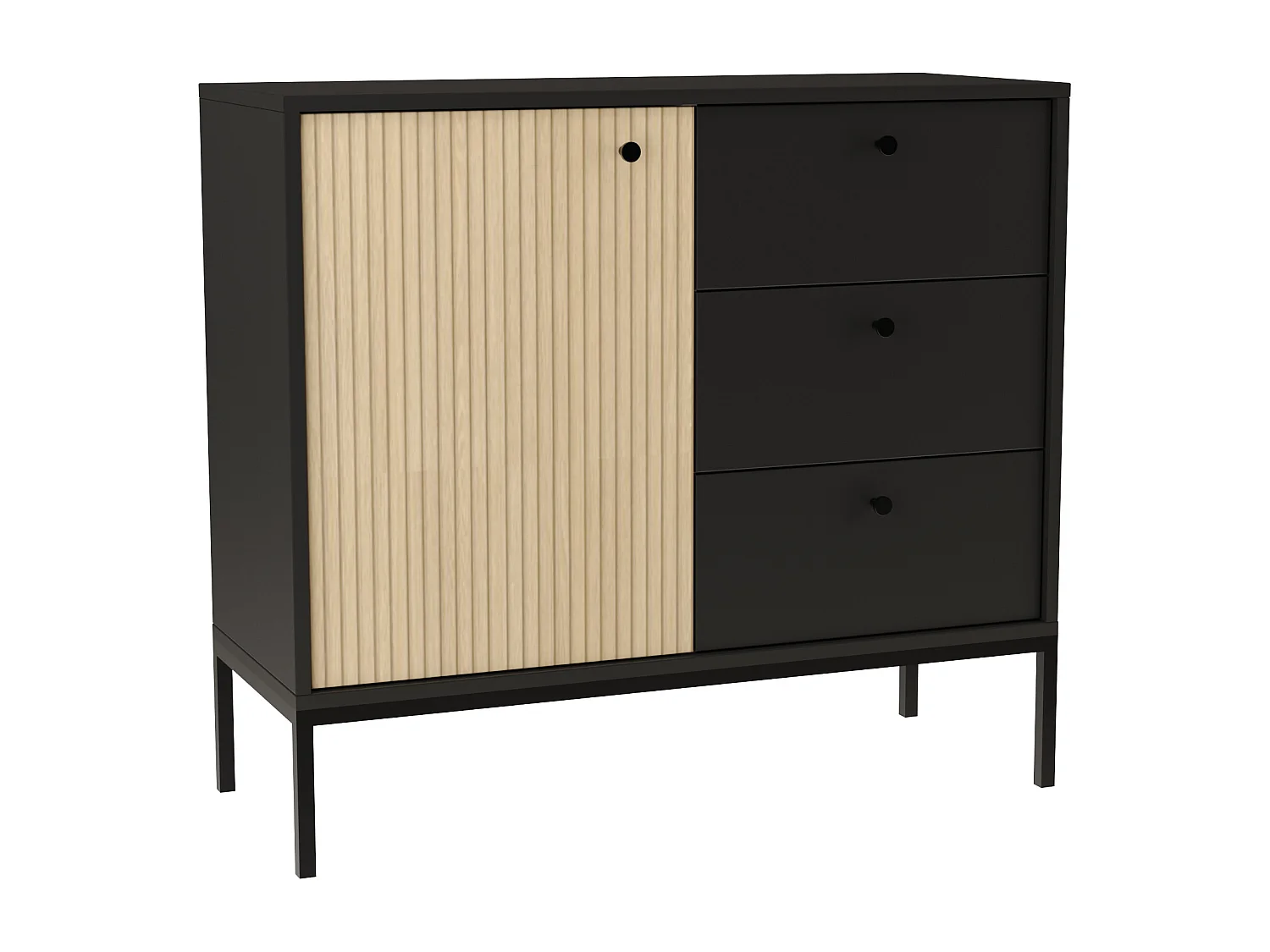 Commode WENA, 1 portes, 3 tiroirs, Gaja, 100x95x40 cm, Noir/Chêne Gaja