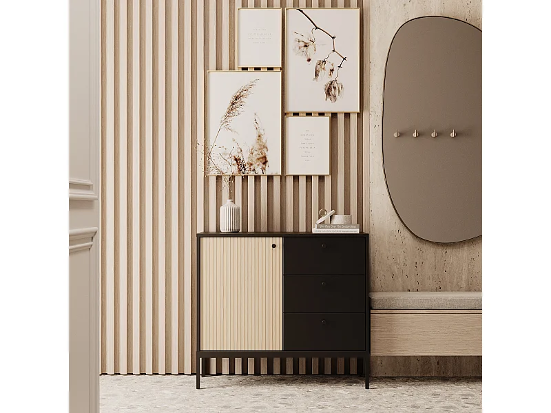 Commode WENA, 1 portes, 3 tiroirs, Gaja, 100x95x40 cm, Noir/Chêne Gaja