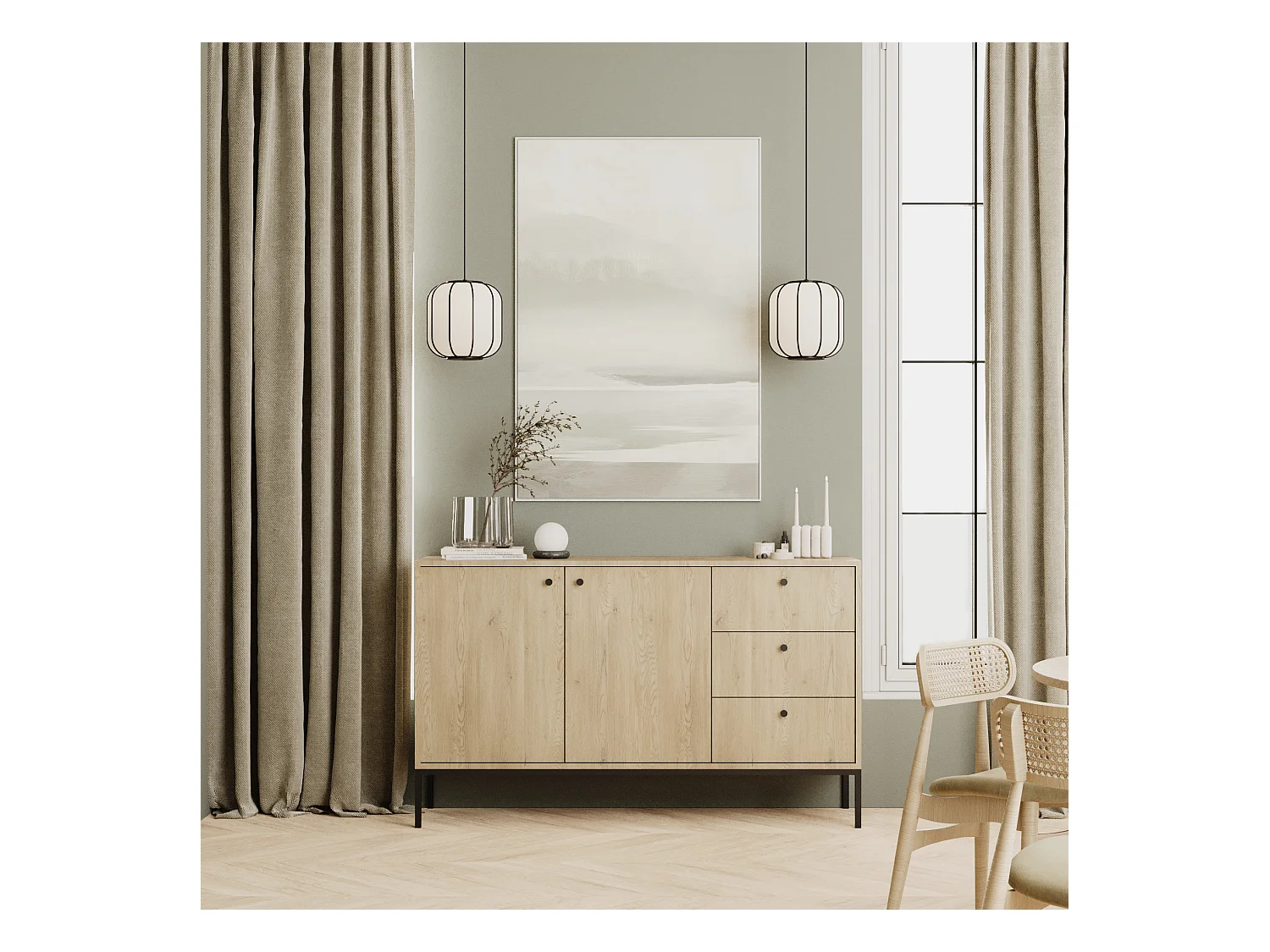 Commode WENA, 2 portes, 3 tiroirs, Gaja, 150x95x40 cm, Chêne de Crémone Gaja