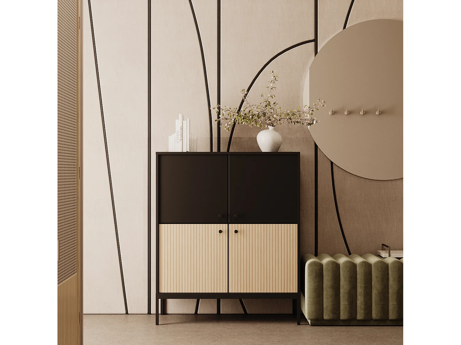 Commode haute WENA, 4 portes, sans tiroirs, Gaja, 100x120x40 cm, Noir/Chêne Gaja