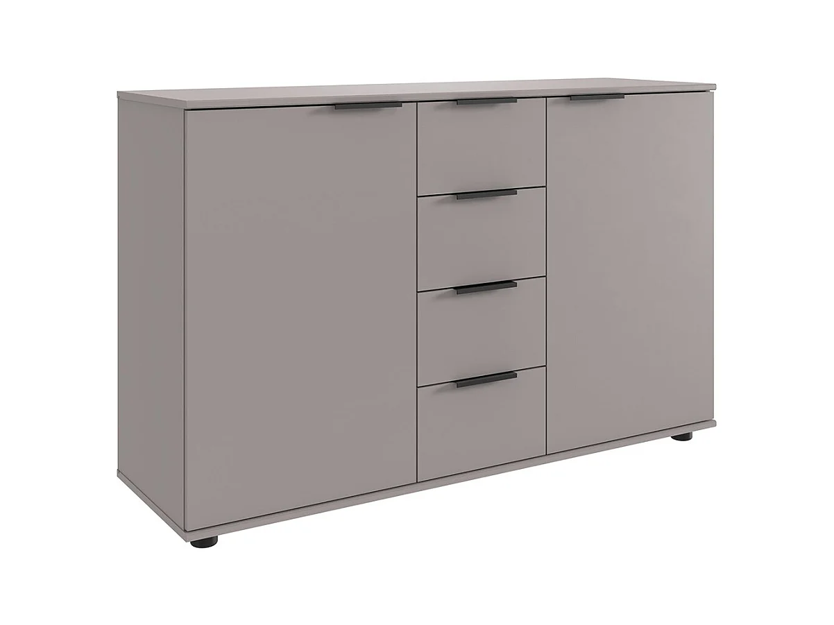 Commode, meuble de rangement avec 2 portes et 4 tiroirs coloris Gris, rechampis graphite - Longueur 130 x Hauteur 83 x Profondeur 41cm 