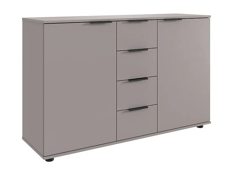 Commode, meuble de rangement avec 2 portes et 4 tiroirs coloris Gris, rechampis graphite - Longueur 130 x Hauteur 83 x Profondeur 41cm 