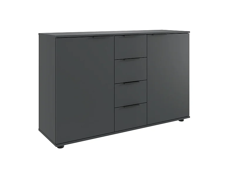 Commode, meuble de rangement avec 2 portes et 4 tiroirs coloris graphite, noir  - Longueur 130 x Hauteur 83 x Profondeur 41cm 
