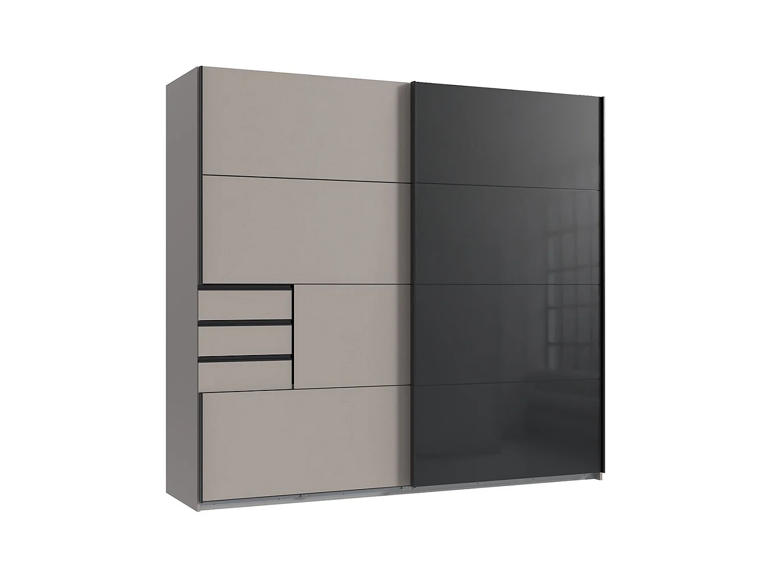 Armoire, placard coloris Gris et verre coloris noir, rechampis graphite - Longueur 225 x Hauteur 208 x Profondeur 64 cm