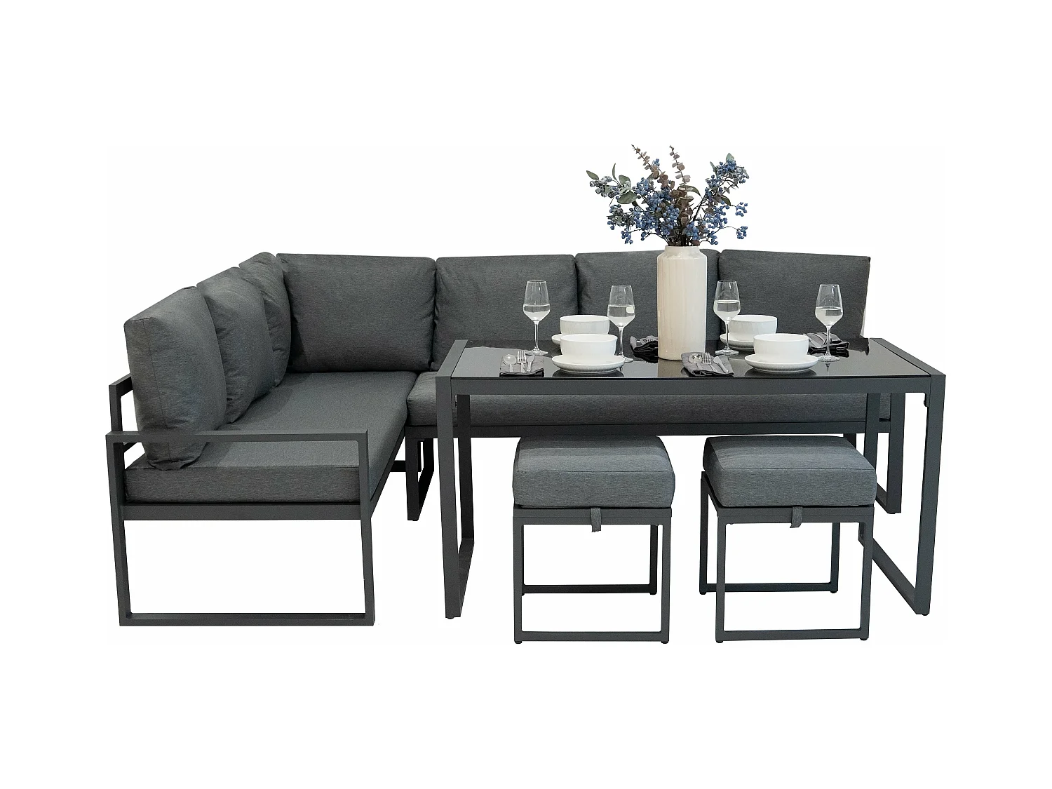 Ensemble Meubles de Jardin En Aluminium Gris Anthracite 7 Places Salon Extérieur Modulaire En Forme de L & Table (Housse Imperméable INCLUS)