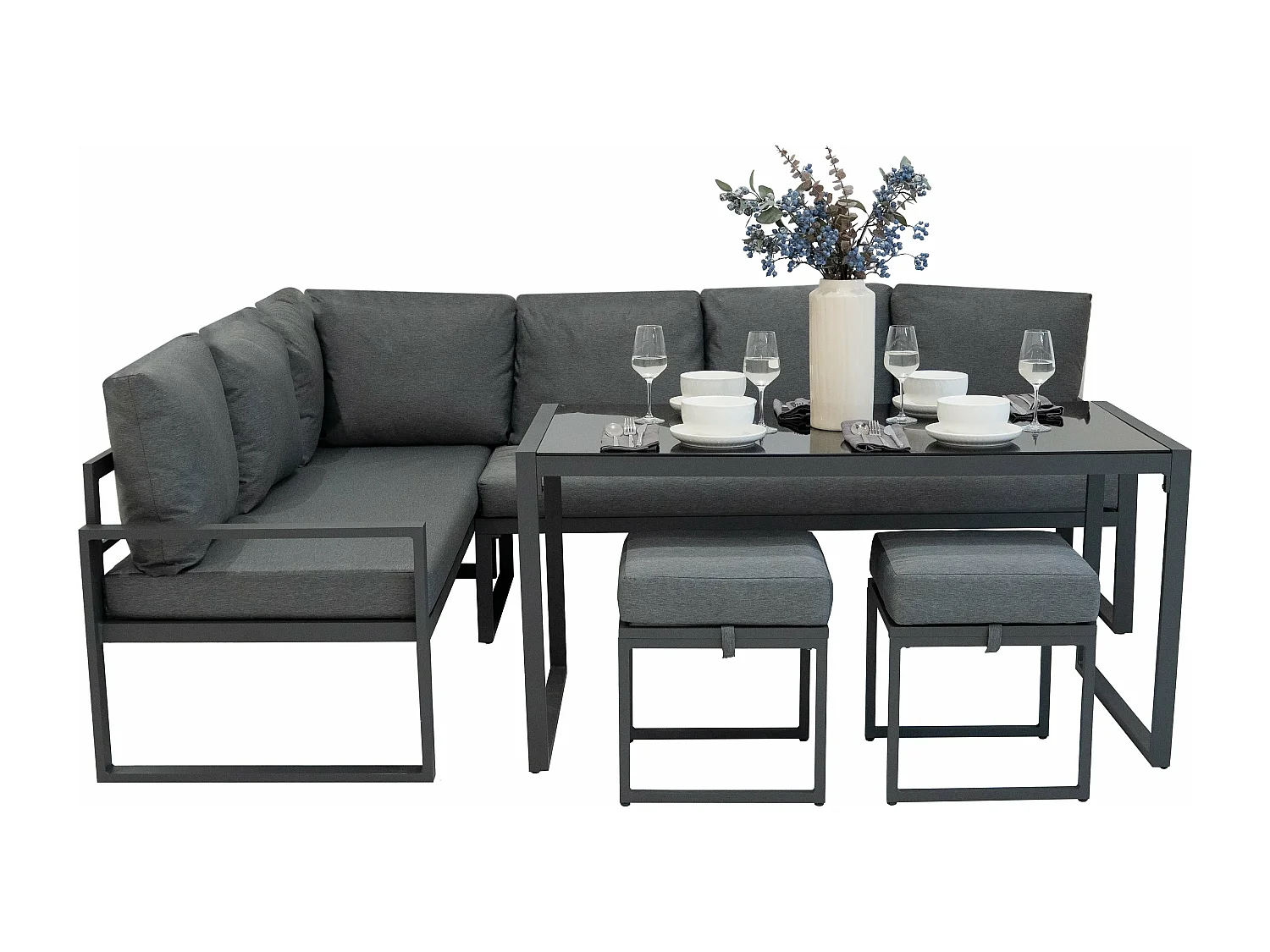 Ensemble Meubles de Jardin En Aluminium Gris Anthracite 7 Places Salon Extérieur Modulaire En Forme de L & Table (Housse Imperméable INCLUS)
